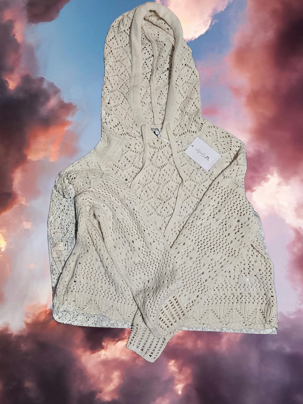 Jessica Simpson Cream Crochet Hoodie Sweater